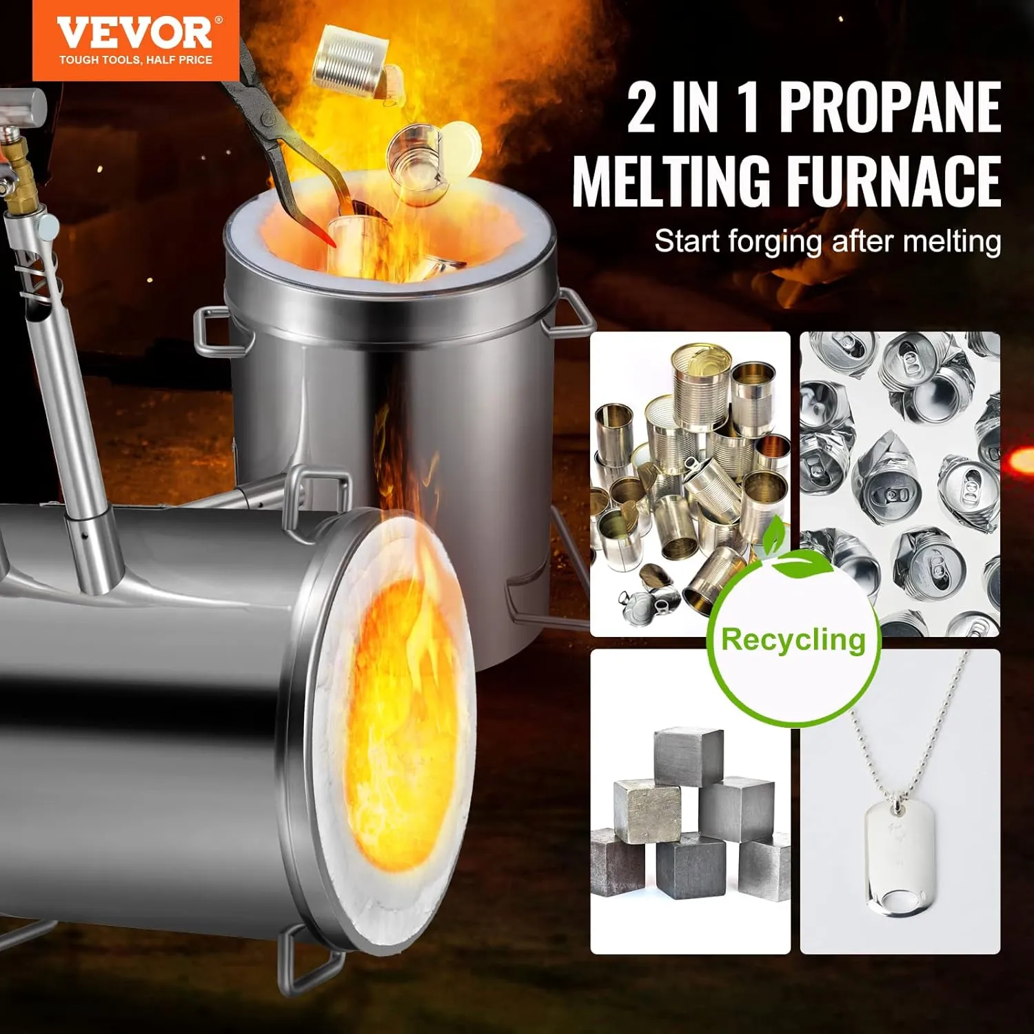 VEVOR Propane Melting Furnace Kit Large Capacity Foundry Home, Blacksmithing Forge with Crucible & Tongs Kiln, Stainless Steel Smelter, for Metal Scrap Recycle, Gold Copper Silver Casting, 12 KG