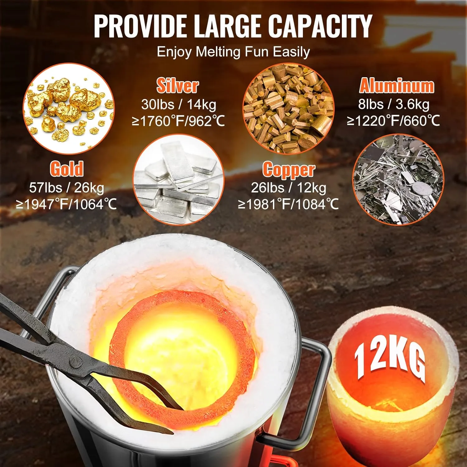 VEVOR Propane Melting Furnace Kit Large Capacity Foundry Home, Blacksmithing Forge with Crucible & Tongs Kiln, Stainless Steel Smelter, for Metal Scrap Recycle, Gold Copper Silver Casting, 12 KG