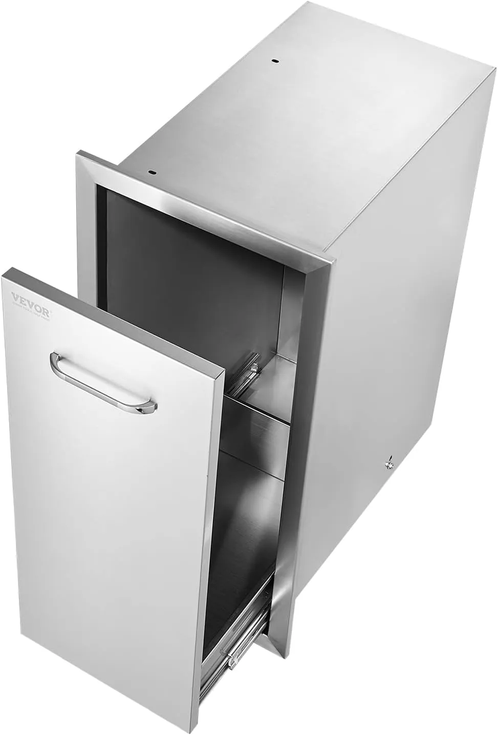 VEVOR Pull Out Trash Drawer 13.4"W x 25.7"H x 19.6"D Lower Sliding Rails Stainless Steel Roll Out Trash Bin Pull Out Tray Outdoor Kitchen Trash Drawer with Handle for BBQ Island Grill Station