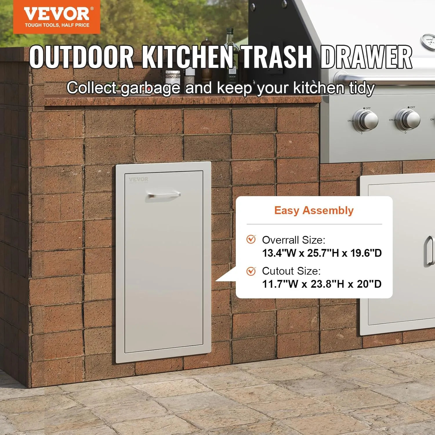 VEVOR Pull Out Trash Drawer 13.4"W x 25.7"H x 19.6"D Lower Sliding Rails Stainless Steel Roll Out Trash Bin Pull Out Tray Outdoor Kitchen Trash Drawer with Handle for BBQ Island Grill Station