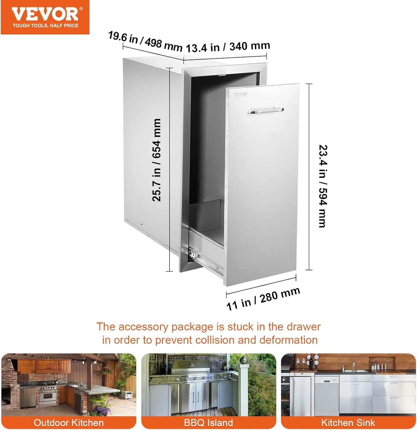 VEVOR Pull Out Trash Drawer 13.4"W x 25.7"H x 19.6"D Lower Sliding Rails Stainless Steel Roll Out Trash Bin Pull Out Tray Outdoor Kitchen Trash Drawer with Handle for BBQ Island Grill Station