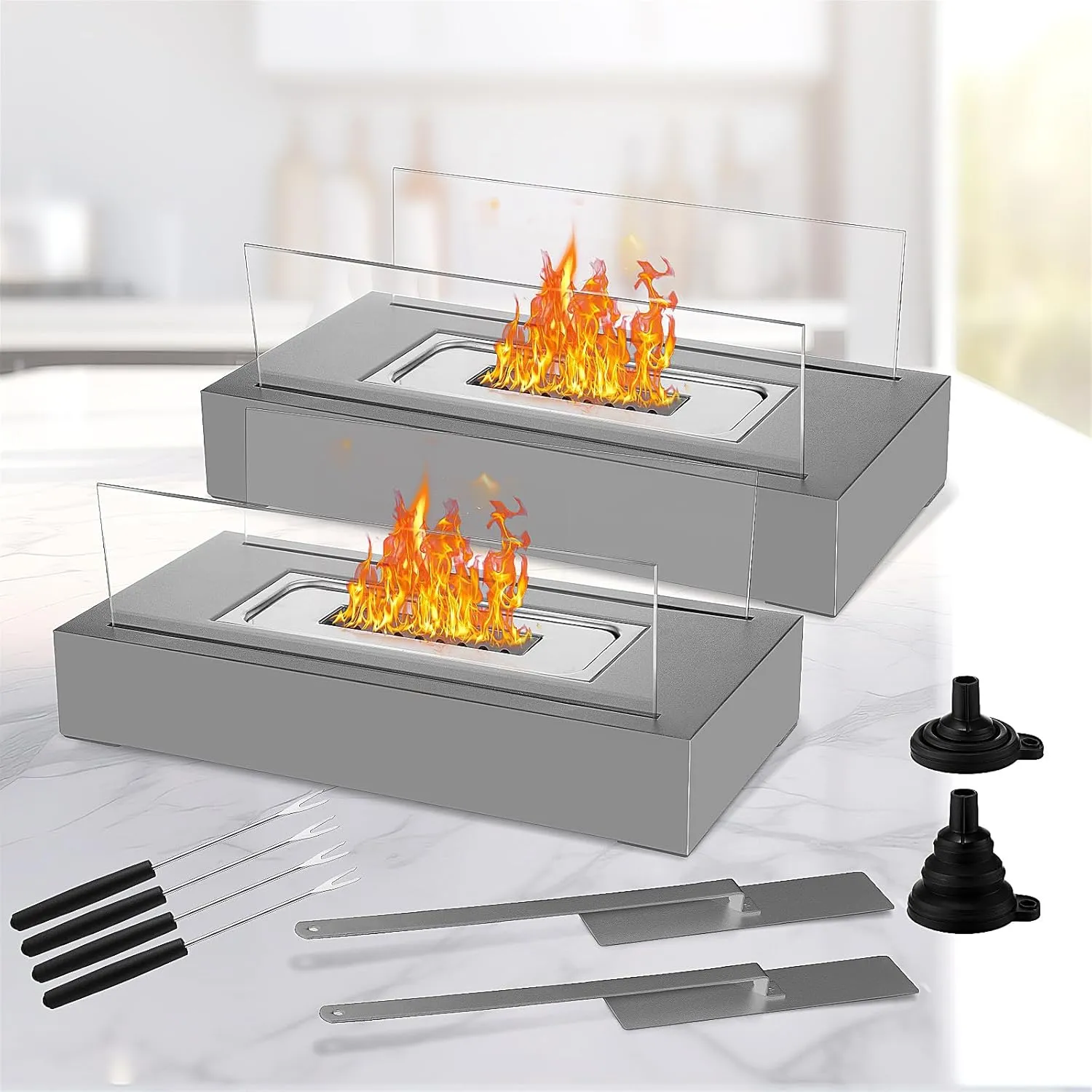VIHOSE 2 Pack Indoor Fire Pit Tabletop, Tabletop Fireplace, Portable Fire Pit Bowl with 4 Marshmallow Roasting Sticks for Patio Balcony Living Room Garden Camping (Gray)
