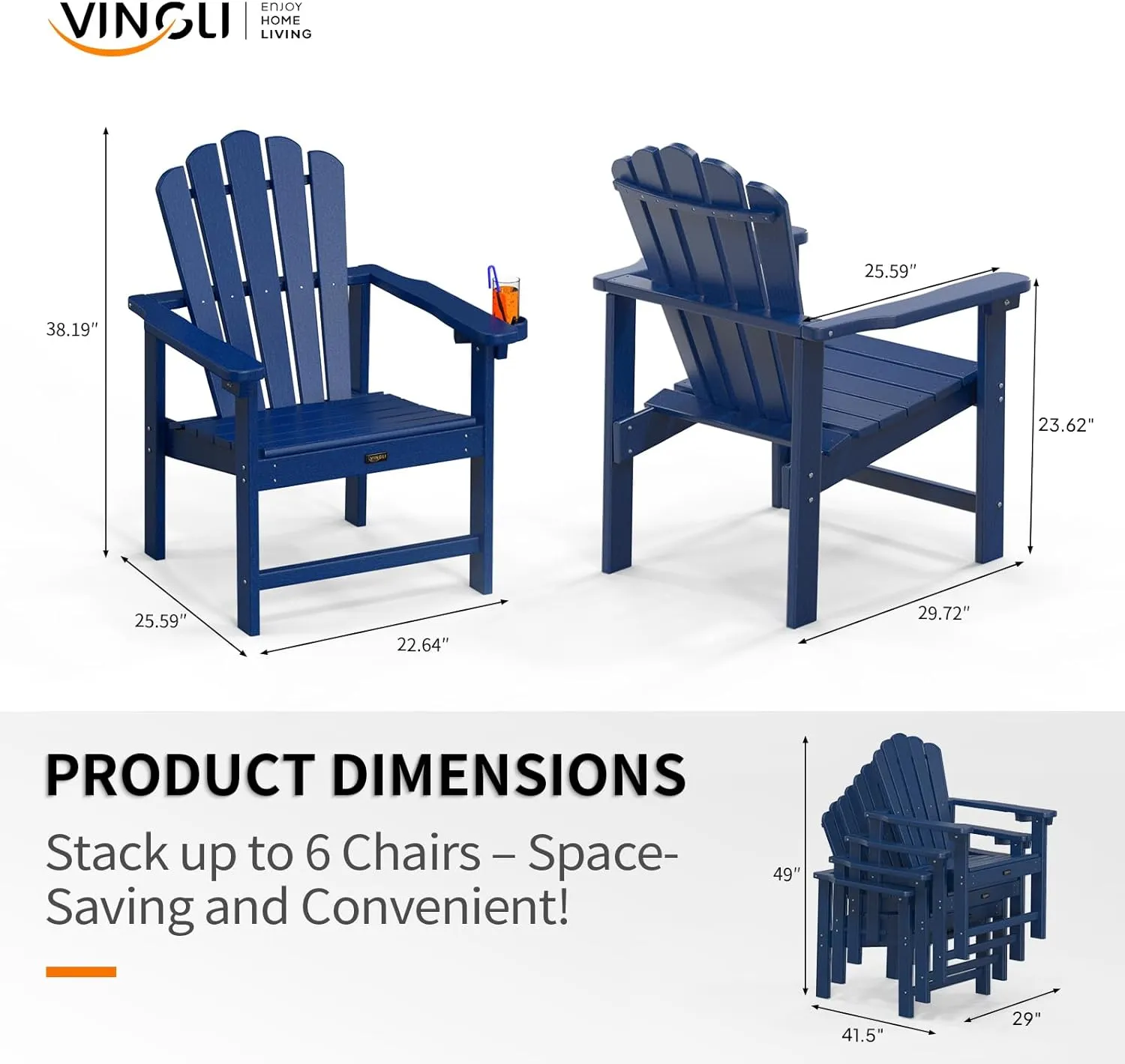 VINGLI Plastic Folding Adirondack Chair with Cup Holder, 100% Recyclable HDPE Material, Comfortable 380lb Weight Capacity for Outdoor Pool Patio Lounge Chair Lawn Furniture Fire Pit, 2 Pack, Navy Blue