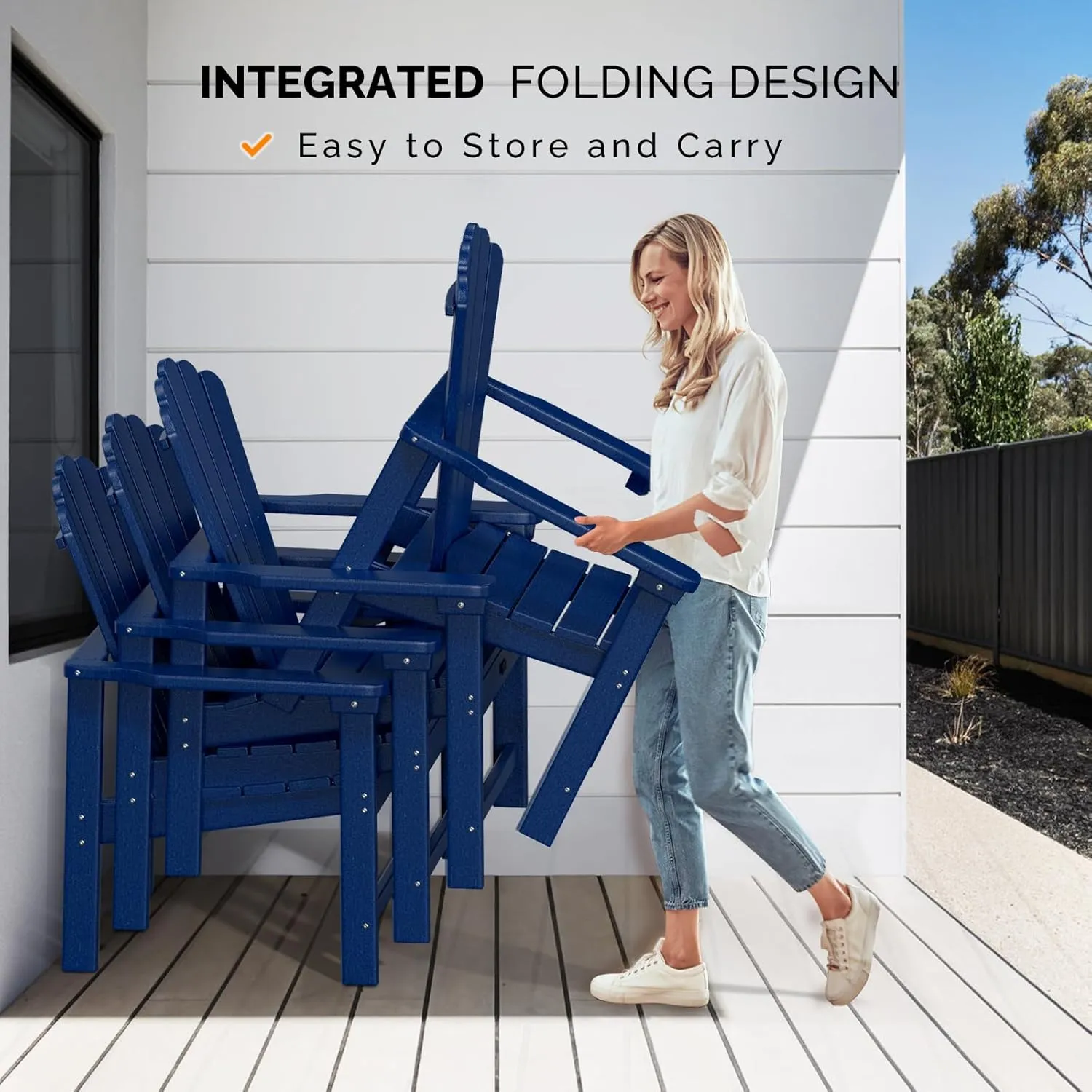VINGLI Plastic Folding Adirondack Chair with Cup Holder, 100% Recyclable HDPE Material, Comfortable 380lb Weight Capacity for Outdoor Pool Patio Lounge Chair Lawn Furniture Fire Pit, 2 Pack, Navy Blue