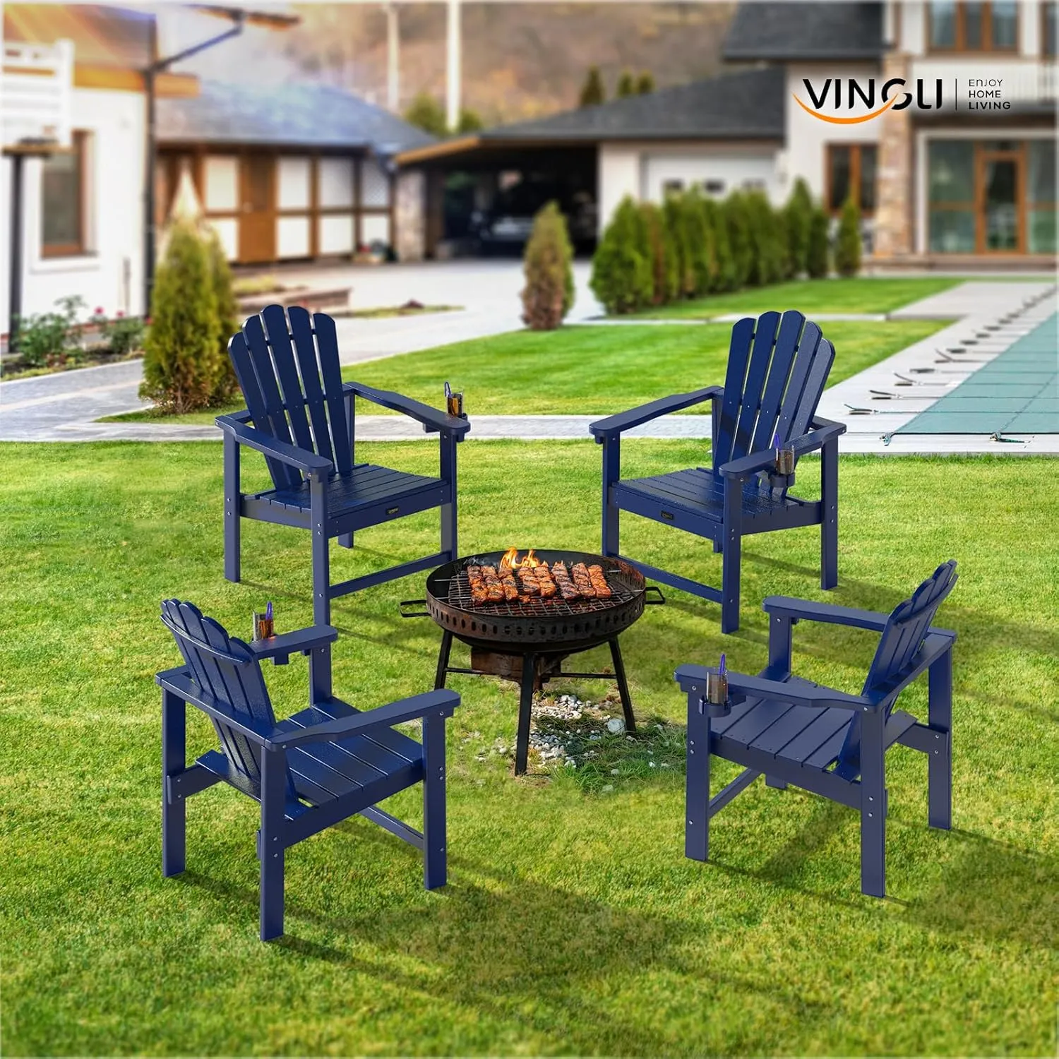 VINGLI Plastic Folding Adirondack Chair with Cup Holder, 100% Recyclable HDPE Material, Comfortable 380lb Weight Capacity for Outdoor Pool Patio Lounge Chair Lawn Furniture Fire Pit, 2 Pack, Navy Blue