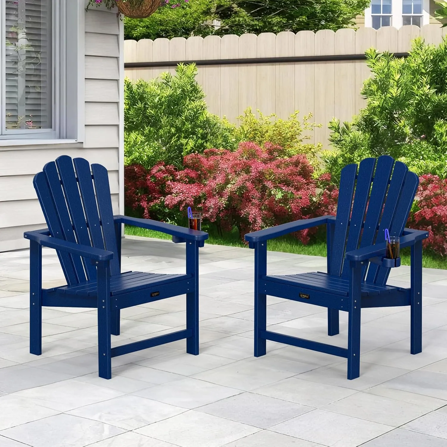 VINGLI Plastic Folding Adirondack Chair with Cup Holder, 100% Recyclable HDPE Material, Comfortable 380lb Weight Capacity for Outdoor Pool Patio Lounge Chair Lawn Furniture Fire Pit, 2 Pack, Navy Blue