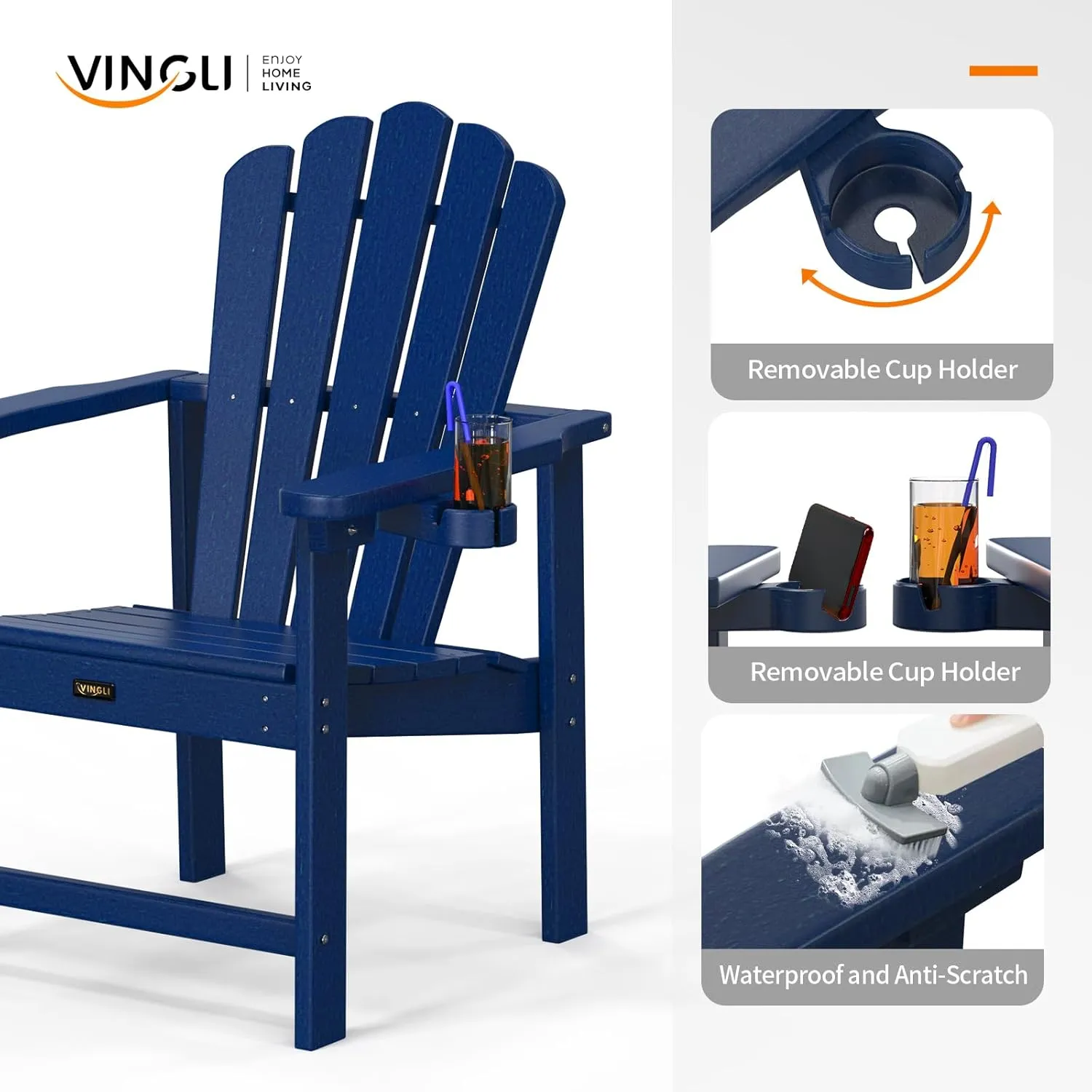 VINGLI Plastic Folding Adirondack Chair with Cup Holder, 100% Recyclable HDPE Material, Comfortable 380lb Weight Capacity for Outdoor Pool Patio Lounge Chair Lawn Furniture Fire Pit, 2 Pack, Navy Blue