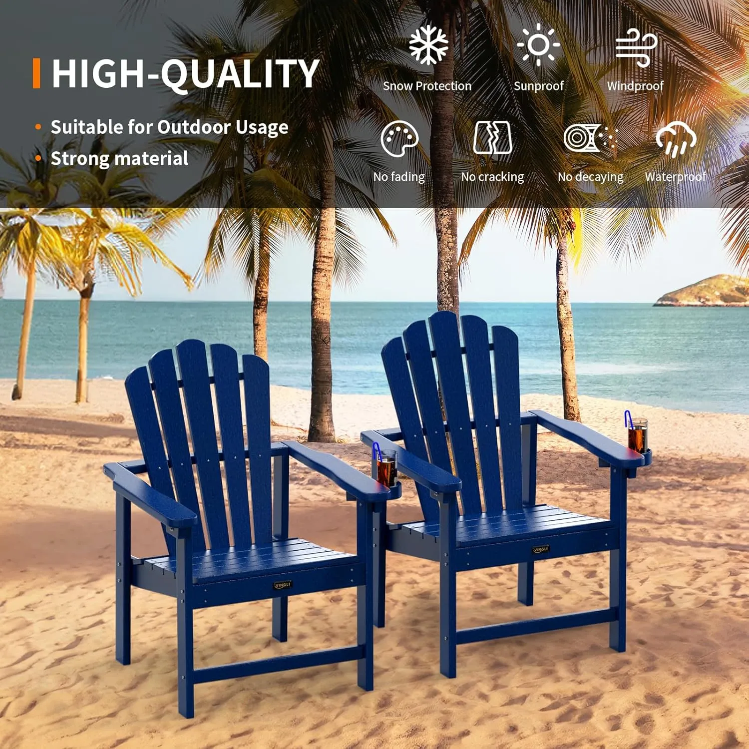 VINGLI Plastic Folding Adirondack Chair with Cup Holder, 100% Recyclable HDPE Material, Comfortable 380lb Weight Capacity for Outdoor Pool Patio Lounge Chair Lawn Furniture Fire Pit, 2 Pack, Navy Blue