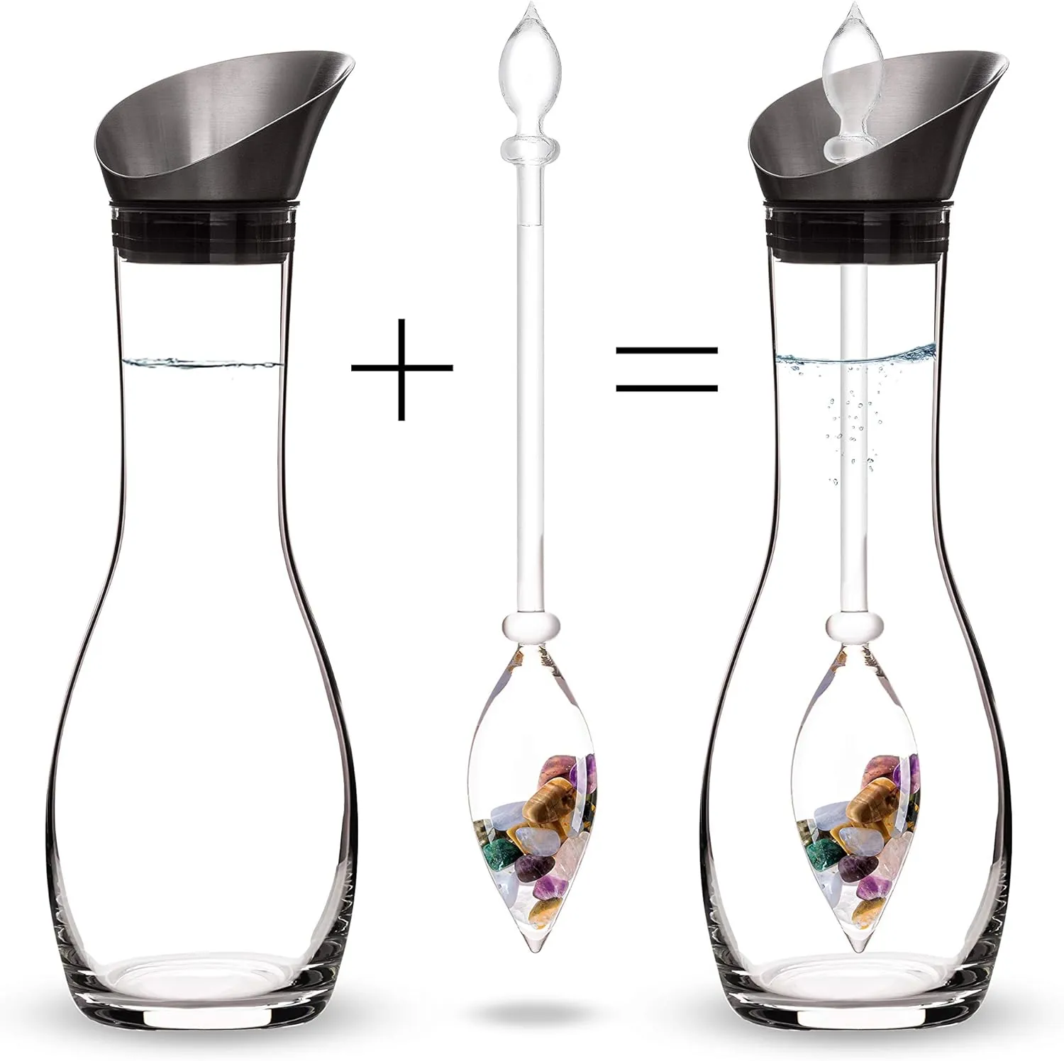VitaJuwel Era 5 ELEMENTS | Crystal Water Carafe with Amethyst, Rose Quartz, Chalcedony, Petrified Wood & Ocean Agate