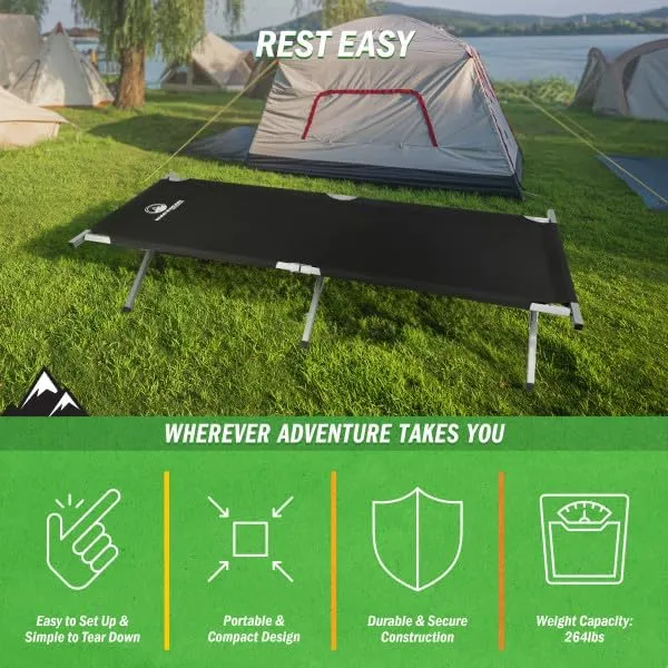 Wakeman Camping Cot - Portable Folding Bed with Carry Bag - 600D Camp Sleeping Cot for Adults with Steel Frame and Storage Pocket Outdoors (Black)