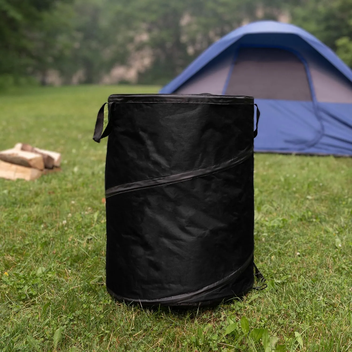 Wakeman Collapsible Trash Can - 46-Gallon Garbage Can Outdoor Bin with 3 Stakes for RV, Camping, Storage, Recycling, or Yard Waste Outdoors (Black)