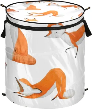 Watercolor Orange White Foxes Doing Different Actions on White Pop Up Laundry Hamper, Collapsible Dirty Clothes Basket with Zipper Lid, Storage Bag Washing Bin for Room College Dorm Travel