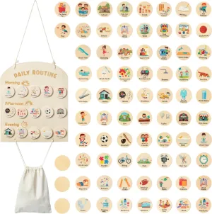 WATINC Wooden Daily Routine Chart Set - 78Pcs Wood Visual Morning Afternoon Evening Schedule Good Habits Reward Chart, Chore Tasks Checklist with Storage Bag for Kids Toddler School Home Fridge