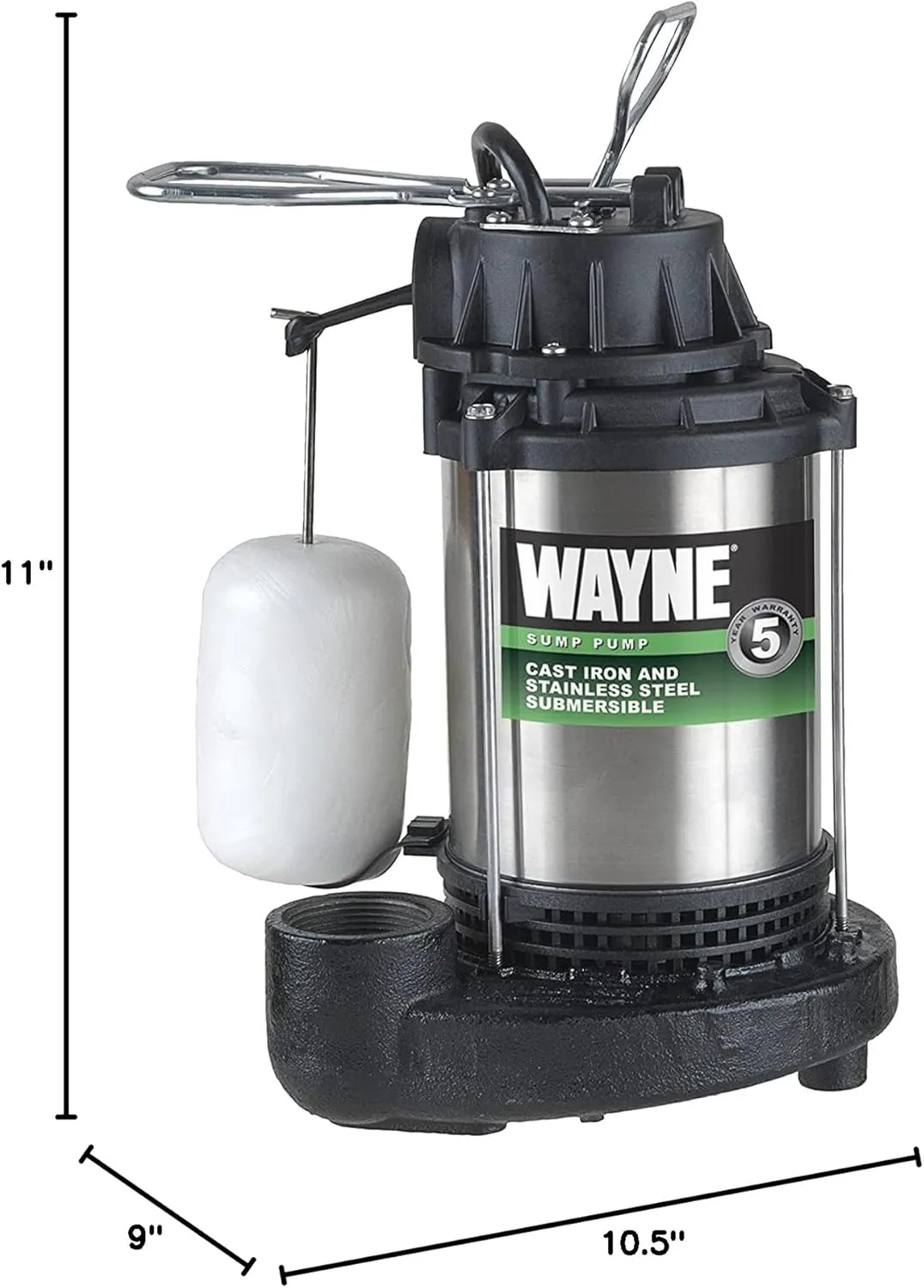 Wayne 58321-WYN3 CDU980E 3/4 HP Submersible Cast Iron and Stainless Steel Sump Pump with Integrated Vertical Float Switch, Large, Silver
