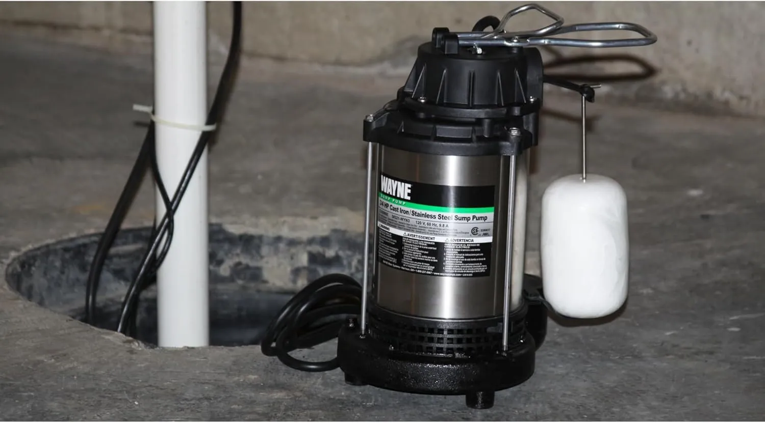 Wayne 58321-WYN3 CDU980E 3/4 HP Submersible Cast Iron and Stainless Steel Sump Pump with Integrated Vertical Float Switch, Large, Silver
