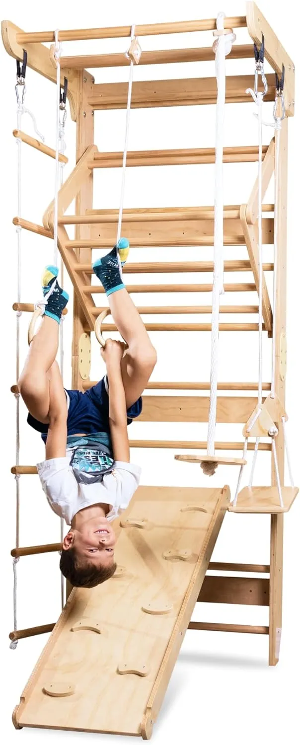 WEDANTA Wooden Swedish Ladder Wall Set – Kids Stall Bars for Exercise – Kids Swedish Gymnastic Wall Gym – Wood Stall Bar Gymnastics Playground – Best Gym for All Family