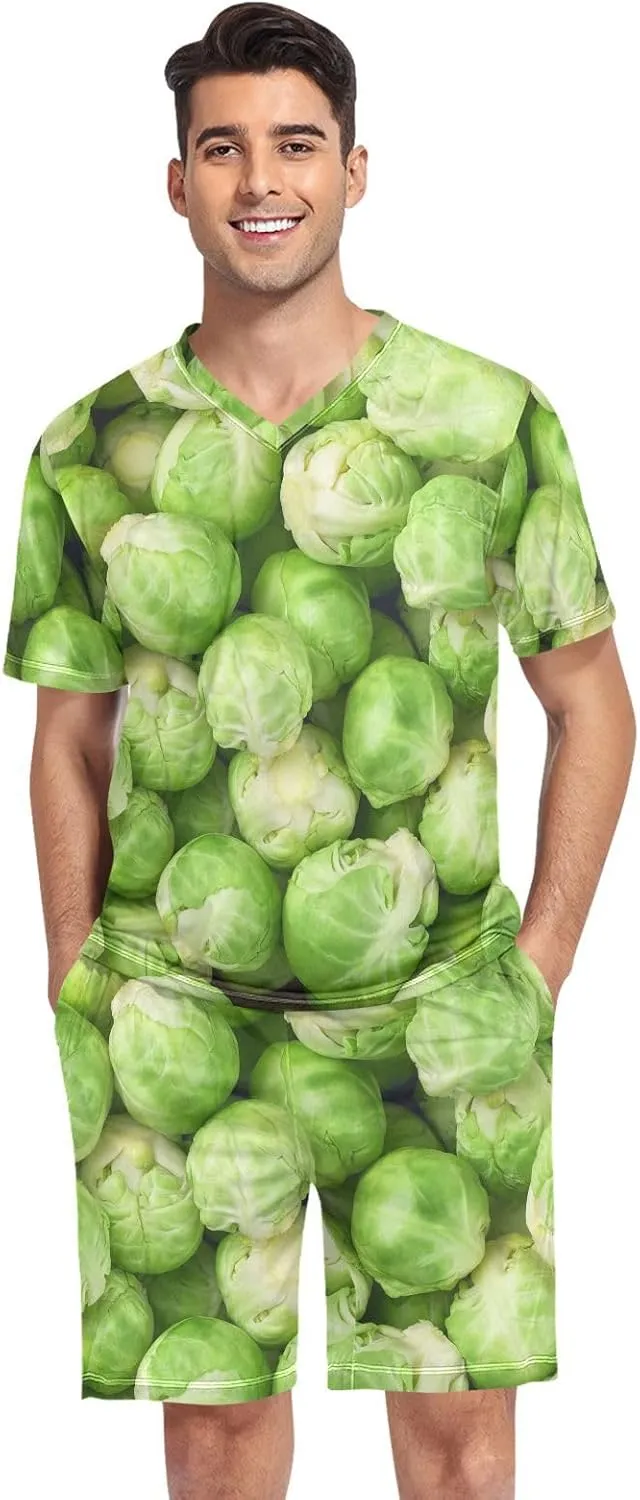 Weeds Leaf Skull Men Pajamas Sets Short Sleeve Sleepwear PJs Sets Two-Pieces Loungewear with Pockets