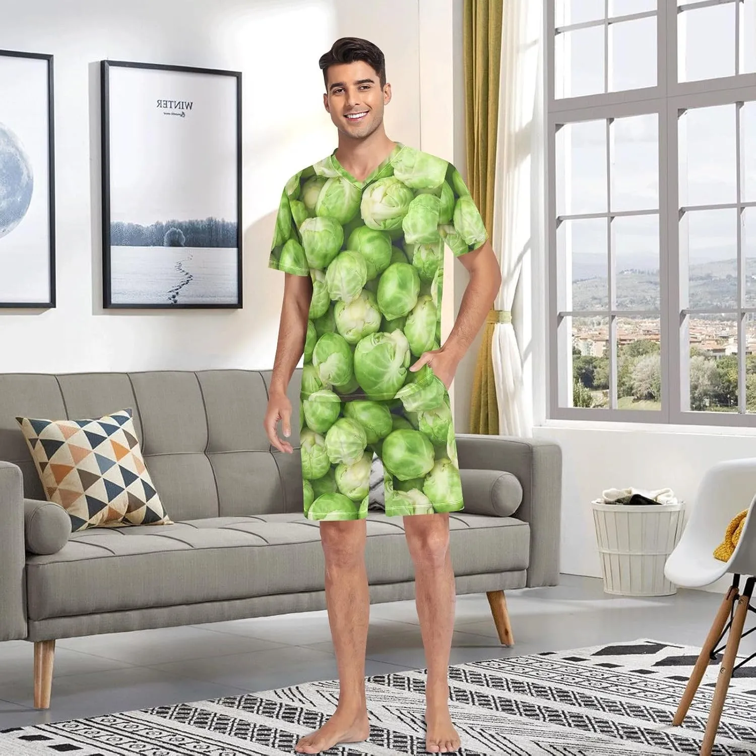 Weeds Leaf Skull Men Pajamas Sets Short Sleeve Sleepwear PJs Sets Two-Pieces Loungewear with Pockets