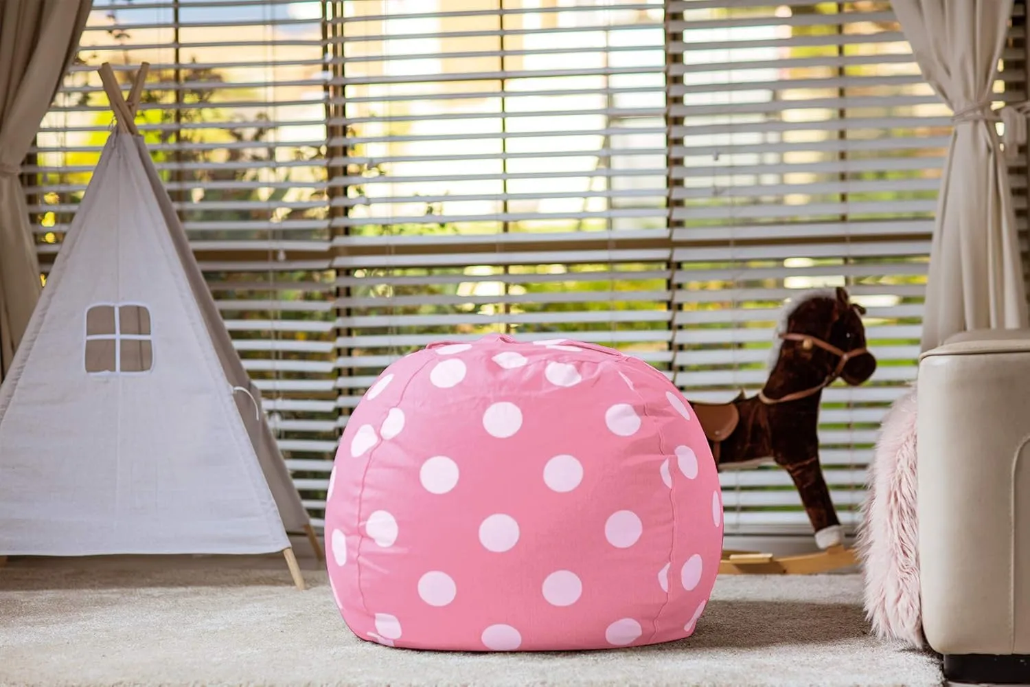 Wekapo Stuffed Animal Storage Bean Bag Chair Cover for Kids | Stuffable Zipper Beanbag for Organizing Children Plush Toys Large Premium Cotton Canvas (Pink Dot, X-Large)