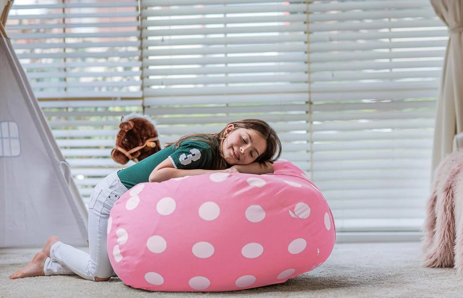 Wekapo Stuffed Animal Storage Bean Bag Chair Cover for Kids | Stuffable Zipper Beanbag for Organizing Children Plush Toys Large Premium Cotton Canvas (Pink Dot, X-Large)