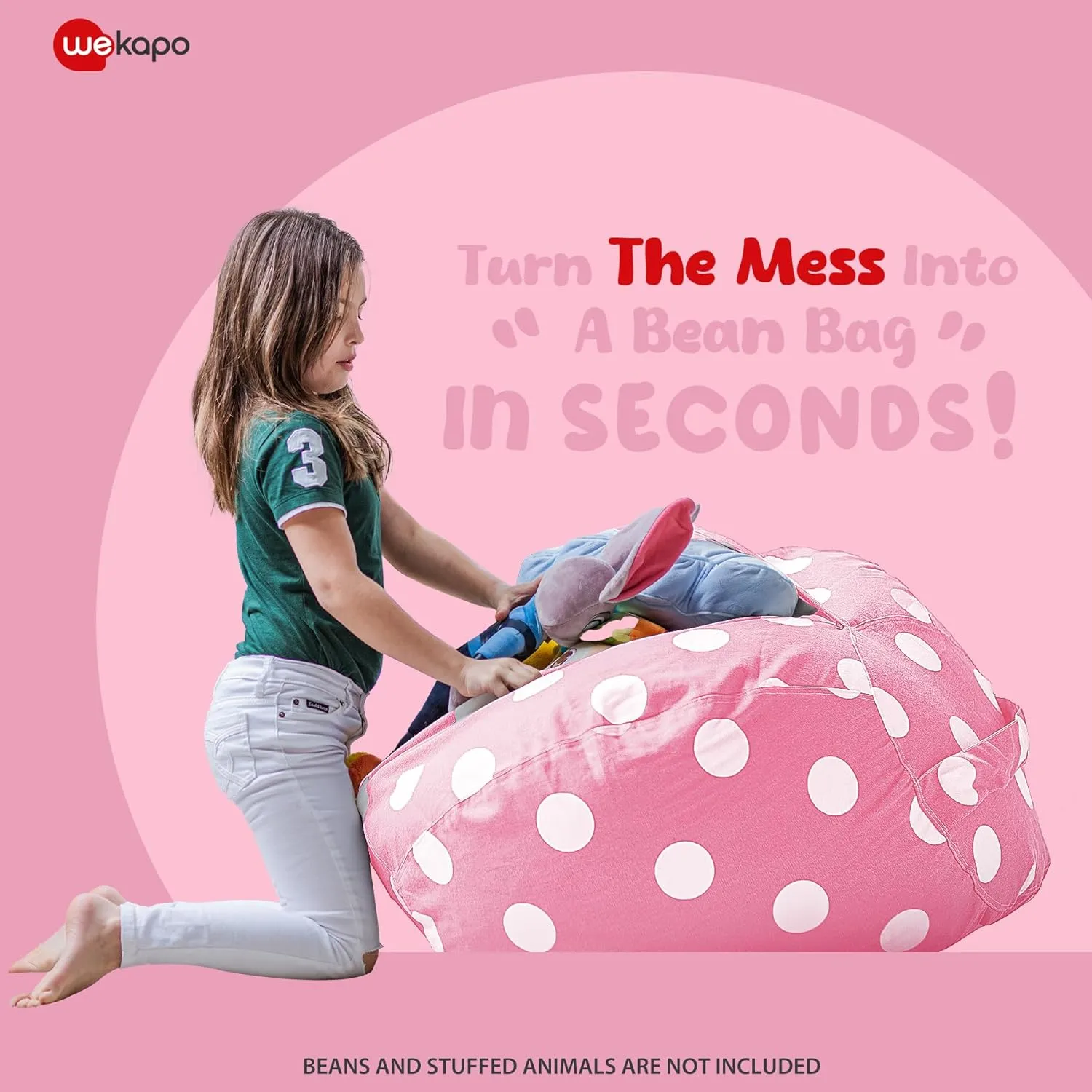 Wekapo Stuffed Animal Storage Bean Bag Chair Cover for Kids | Stuffable Zipper Beanbag for Organizing Children Plush Toys Large Premium Cotton Canvas (Pink Dot, X-Large)