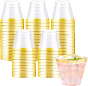 WELLIFE 120PCS Gold Rim Disposable Cups, 9OZ Elegant Clear Gold Plastic Cups, Hard Plastic Cups, Ideal Containers for Cocktails, Whisky