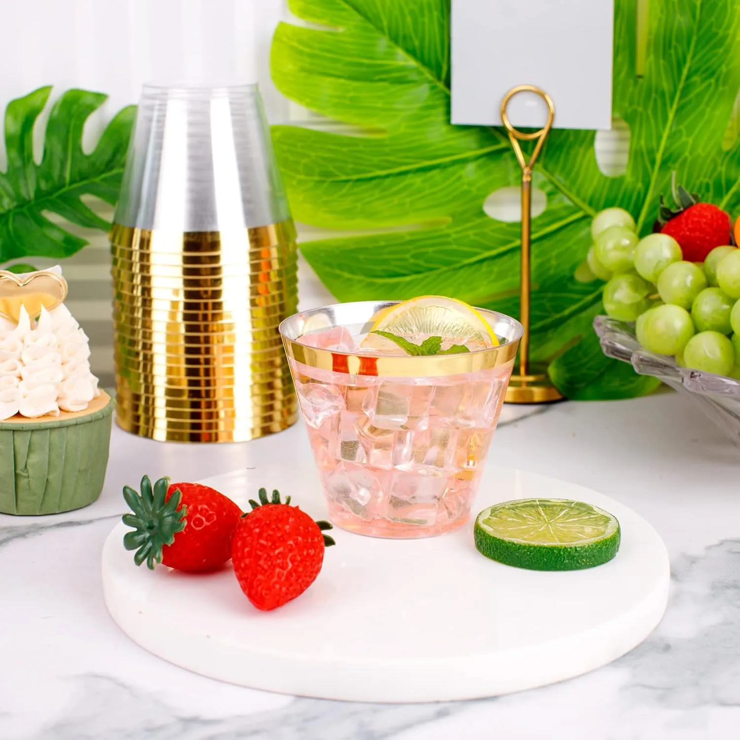 WELLIFE 120PCS Gold Rim Disposable Cups, 9OZ Elegant Clear Gold Plastic Cups, Hard Plastic Cups, Ideal Containers for Cocktails, Whisky