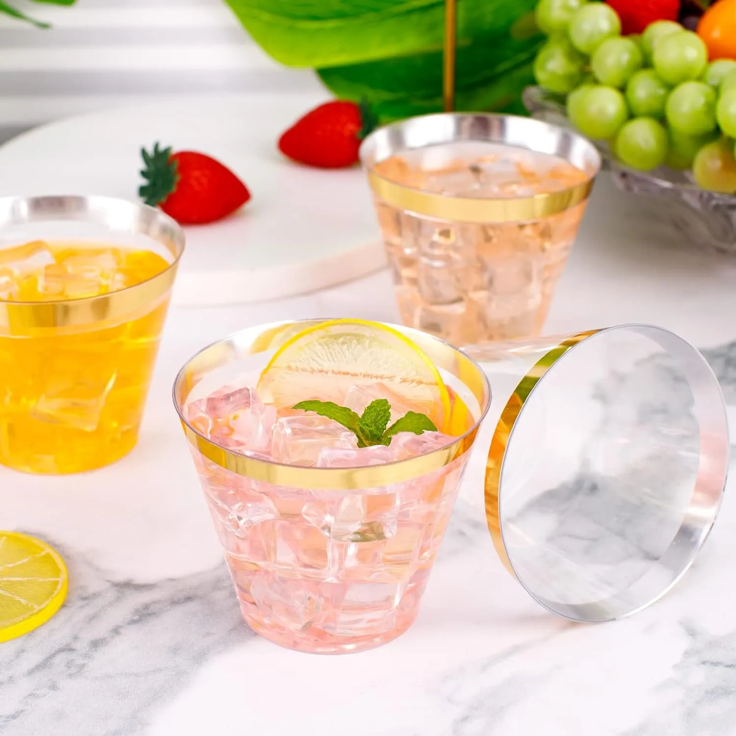 WELLIFE 120PCS Gold Rim Disposable Cups, 9OZ Elegant Clear Gold Plastic Cups, Hard Plastic Cups, Ideal Containers for Cocktails, Whisky