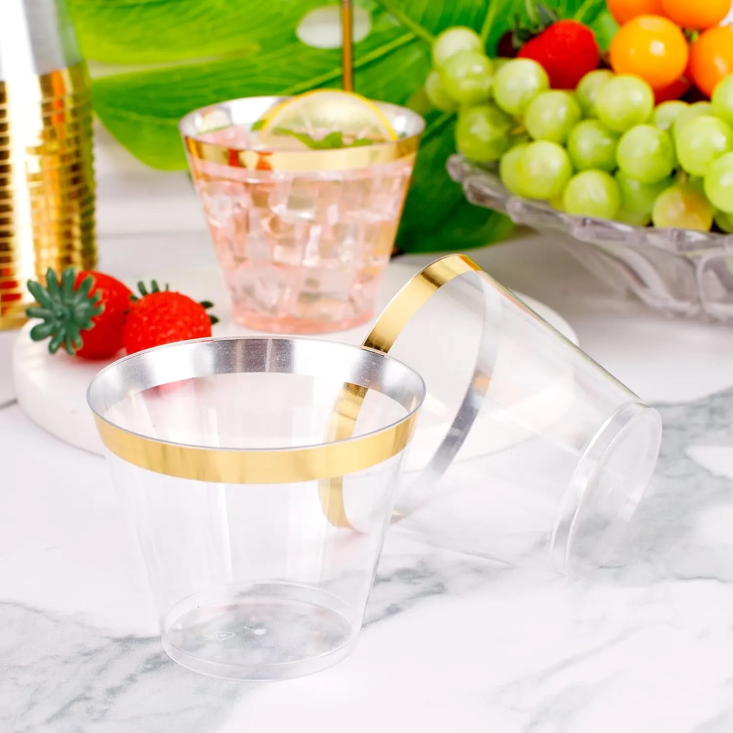 WELLIFE 120PCS Gold Rim Disposable Cups, 9OZ Elegant Clear Gold Plastic Cups, Hard Plastic Cups, Ideal Containers for Cocktails, Whisky