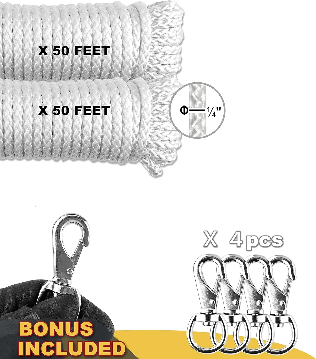 Wellmax Diamond Braided Nylon Rope with Uv Treatment and Weather Resistant, 2 Pack 1/4 Inch X 50ft White with 4 Bonus Quick Links