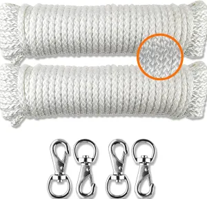 Wellmax Diamond Braided Nylon Rope with Uv Treatment and Weather Resistant, 2 Pack 1/4 Inch X 50ft White with 4 Bonus Quick Links