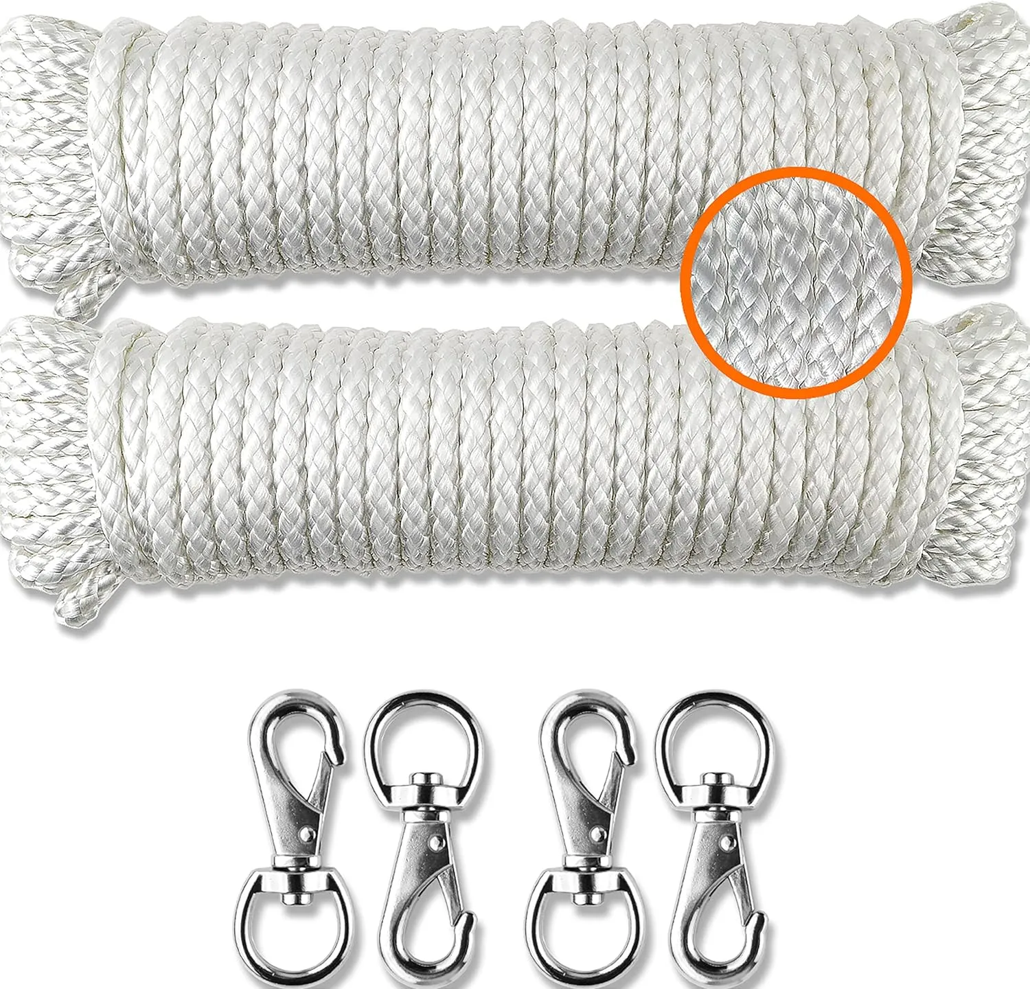 Wellmax Diamond Braided Nylon Rope with Uv Treatment and Weather Resistant, 2 Pack 1/4 Inch X 50ft White with 4 Bonus Quick Links