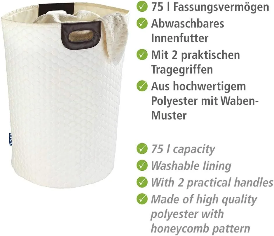 Wenko Laundry Bin, 20 Gal. Laundry Hamper, Beige, Collecting Laundry Basket with Handles, Round Laundry Hamper with honeycomb motif