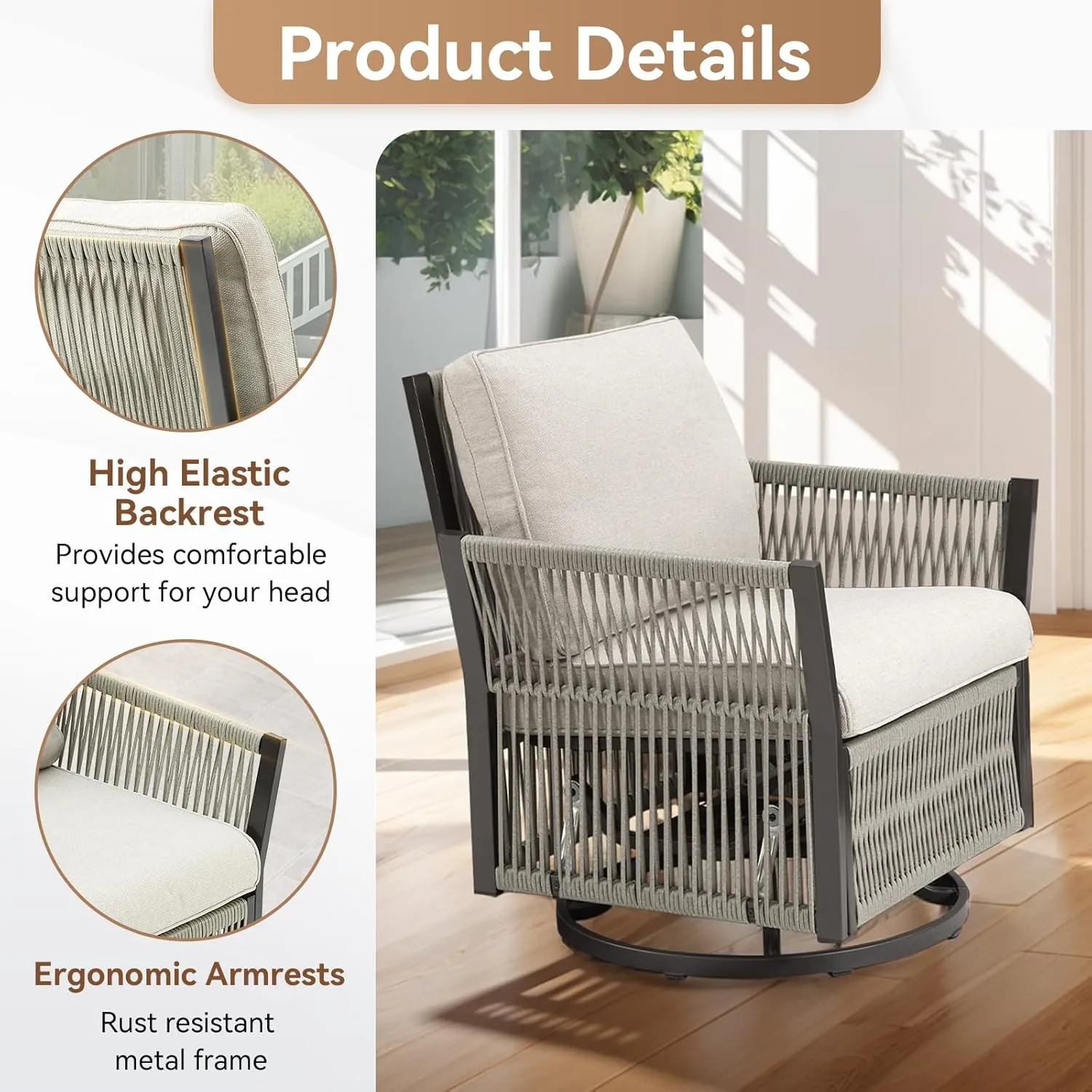 Wicker Swivel Rocker Patio Chairs, Patio Wicker Chairs Swivel Rocker Set of 2 Comfy Glider Rocking Chair Outdoor Conversation Furniture Set for Deck Porch Sunroom Backyard, Beige