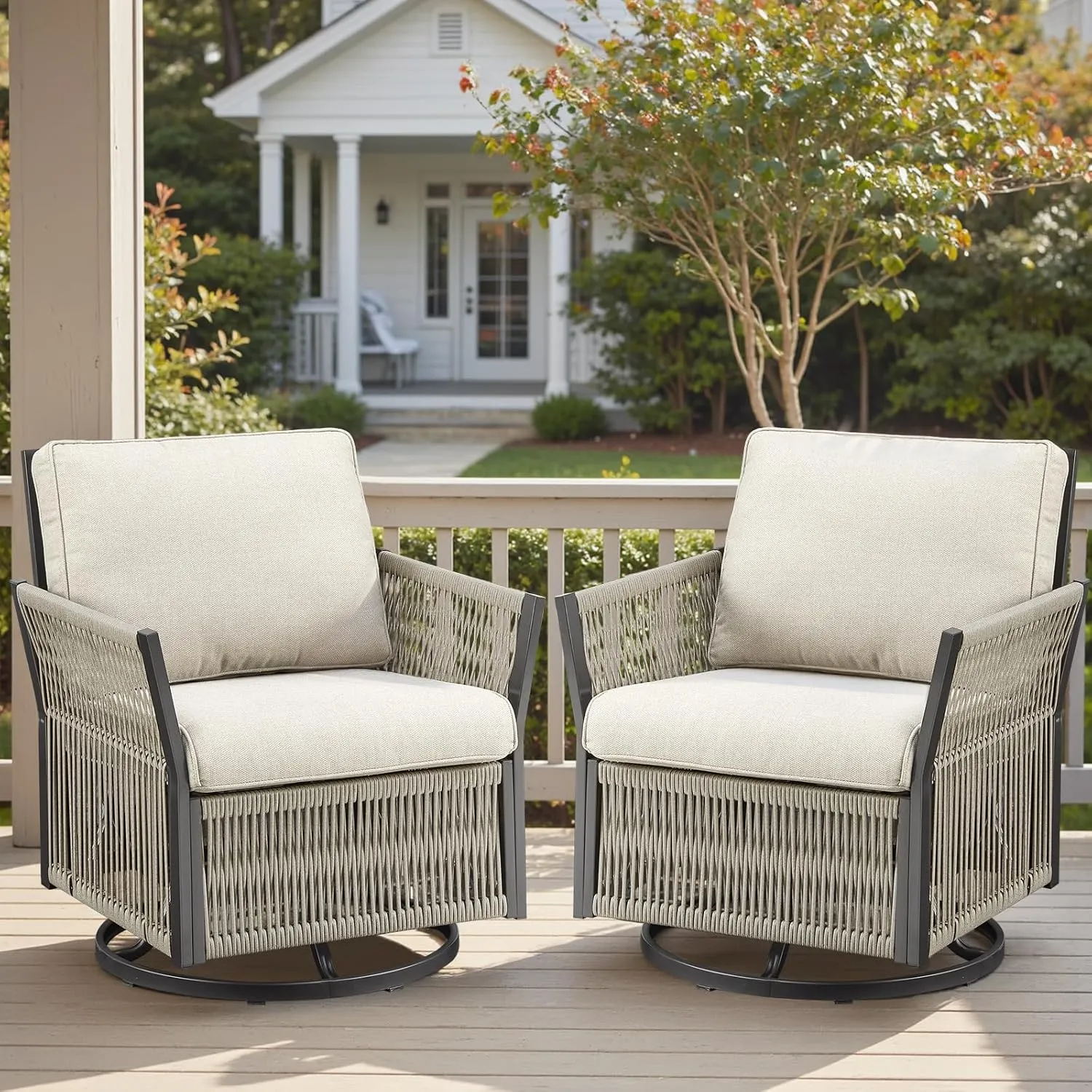 Wicker Swivel Rocker Patio Chairs, Patio Wicker Chairs Swivel Rocker Set of 2 Comfy Glider Rocking Chair Outdoor Conversation Furniture Set for Deck Porch Sunroom Backyard, Beige