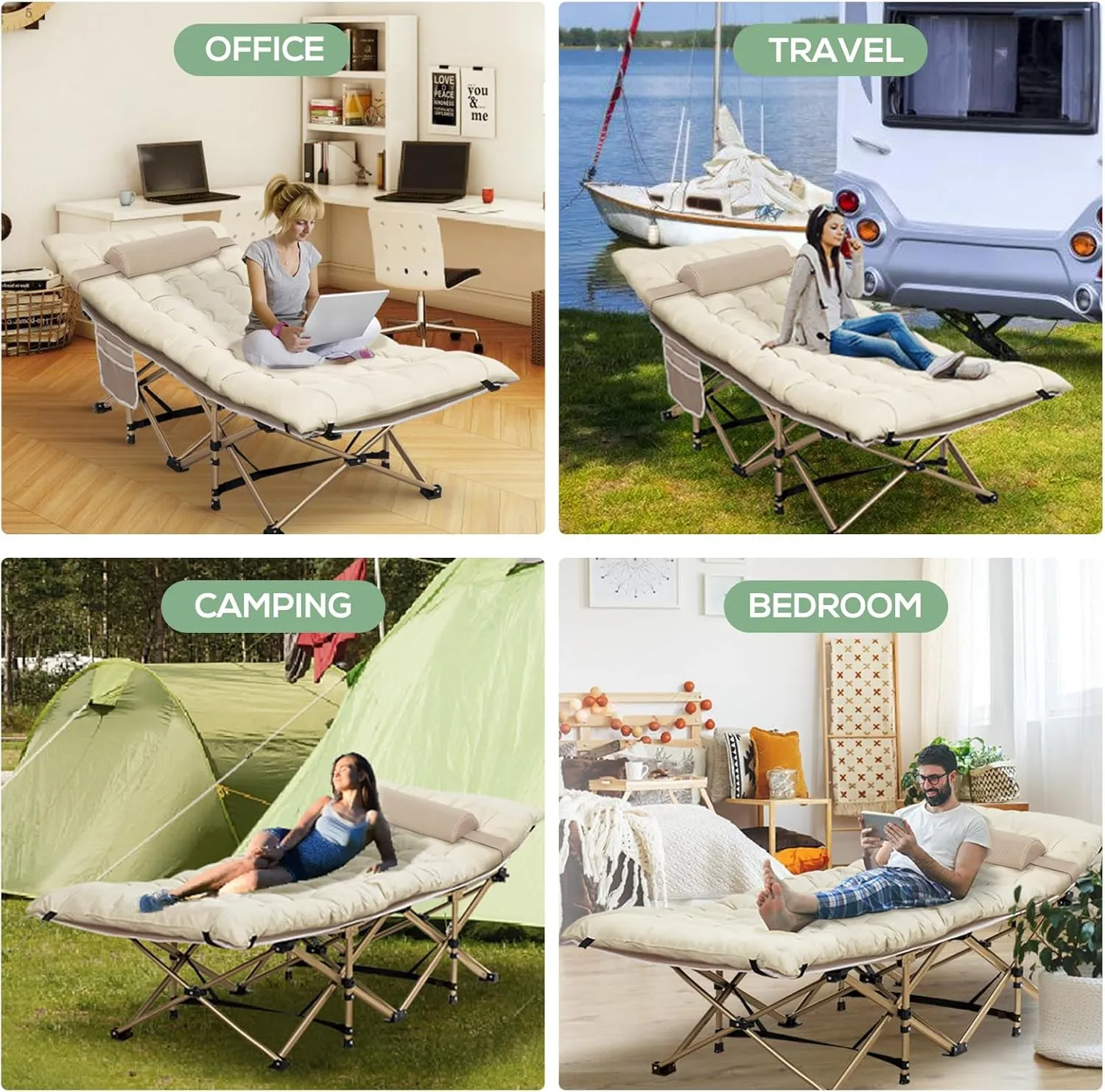 Wide Folding Camping Cots with Pillow & Extra Thick 3 Inch Matress, Cots for Sleeping 900 LBS, Camping Bed for Adults with Cushion, Sleeping Cot (Cream)