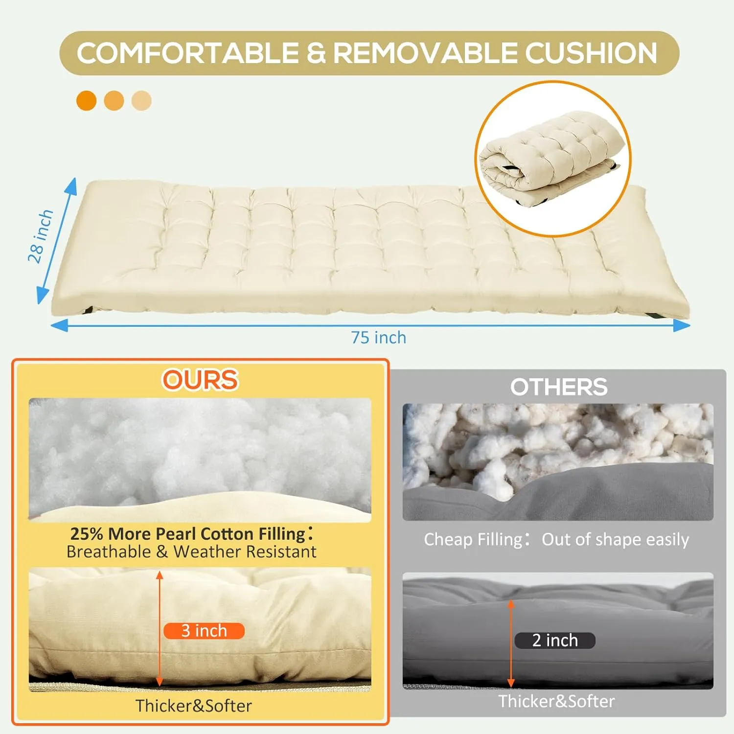 Wide Folding Camping Cots with Pillow & Extra Thick 3 Inch Matress, Cots for Sleeping 900 LBS, Camping Bed for Adults with Cushion, Sleeping Cot (Cream)