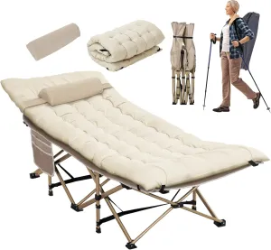 Wide Folding Camping Cots with Pillow & Extra Thick 3 Inch Matress, Cots for Sleeping 900 LBS, Camping Bed for Adults with Cushion, Sleeping Cot (Cream)