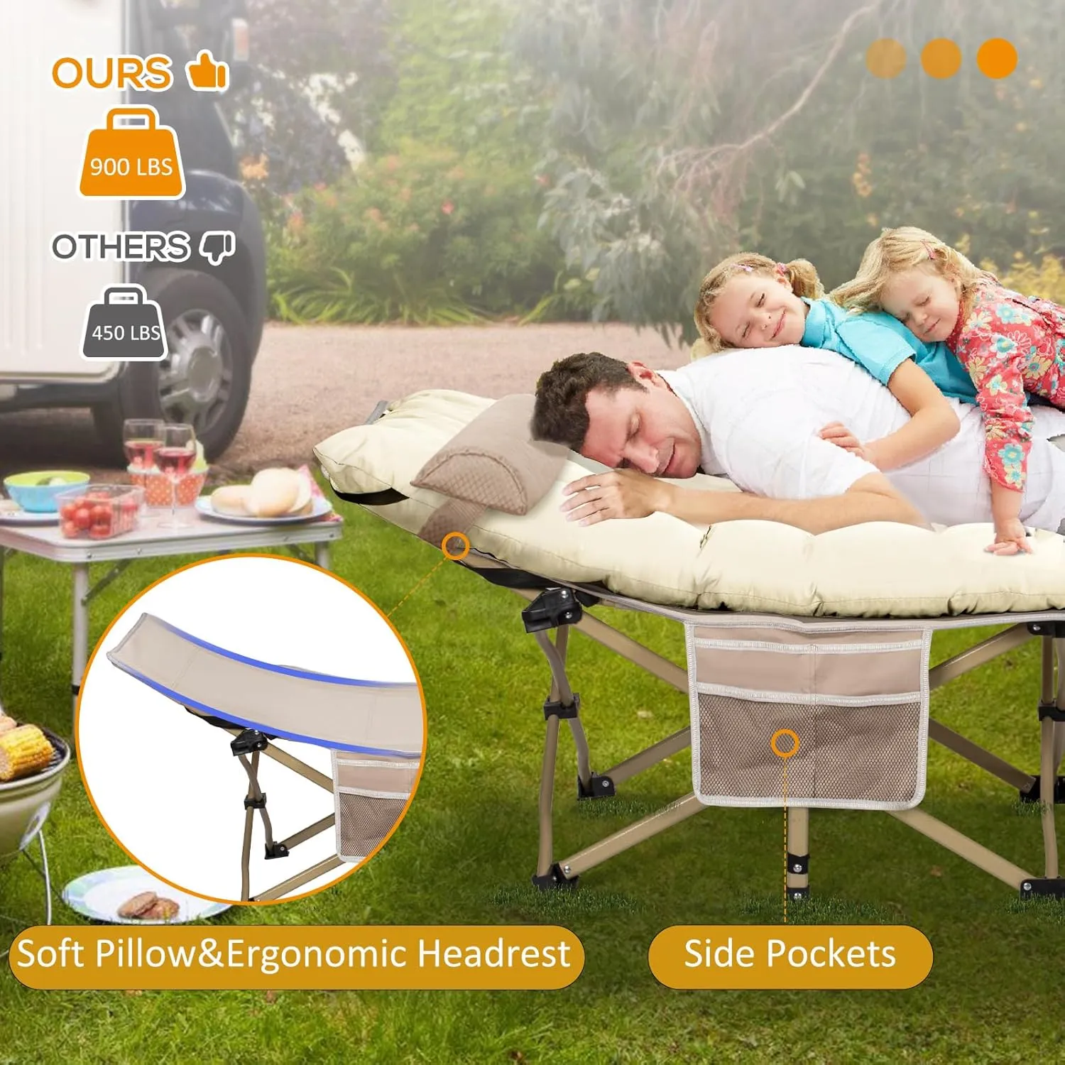 Wide Folding Camping Cots with Pillow & Extra Thick 3 Inch Matress, Cots for Sleeping 900 LBS, Camping Bed for Adults with Cushion, Sleeping Cot (Cream)