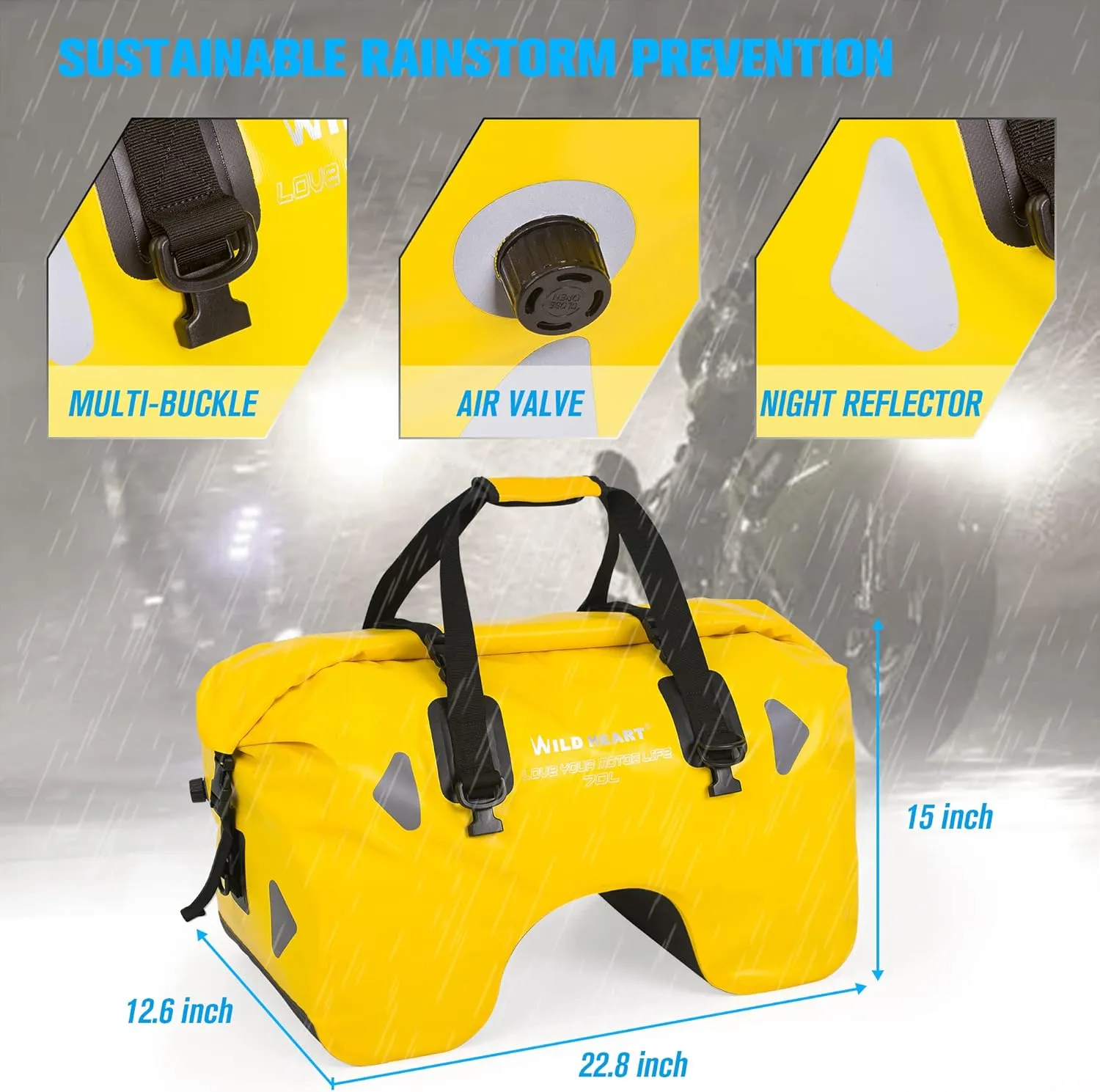 WILD HEART Dry Motorcycle Tail bag 70L/50L With Rope Straps and Inner Pocket Waterproof PVC 500D for Travel,Motorcycle and so on