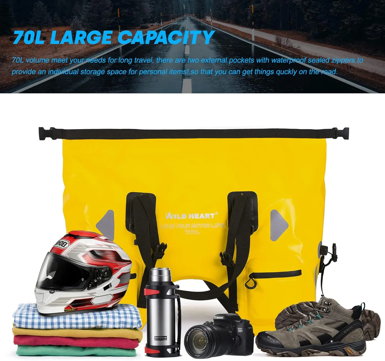 WILD HEART Dry Motorcycle Tail bag 70L/50L With Rope Straps and Inner Pocket Waterproof PVC 500D for Travel,Motorcycle and so on