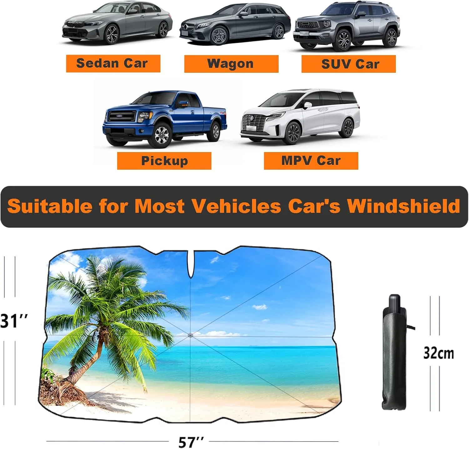 Windshield Sun Shade Beach Sunset Palm Tree Car Shades for Front Windows Umbrella 100% Blackout Sunshades Car Accessories for Women (Palm Tree)