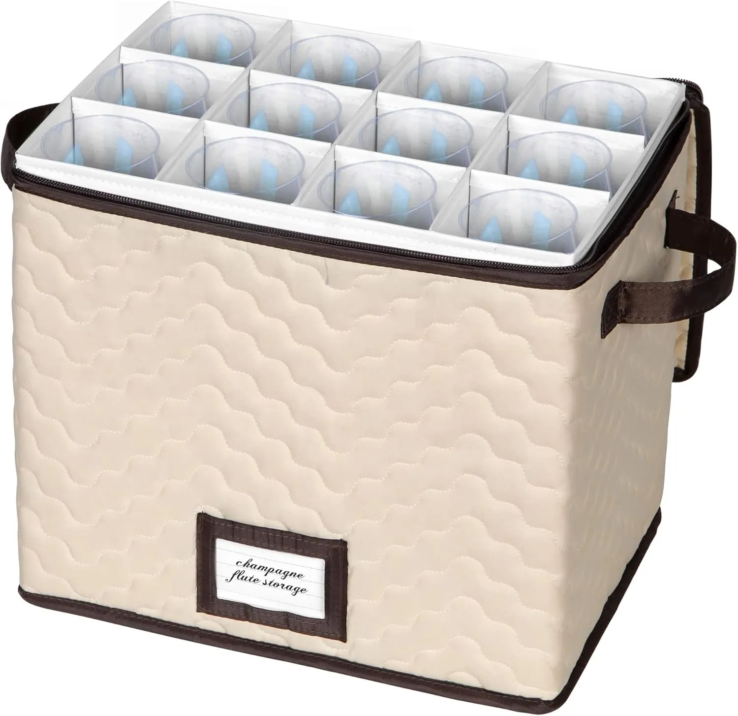 Wine Glass Storage Box with Dividers - Holds 12 Champagne Flute Glass up to 3" Wide - Stemware Storage Case - Protects Fine China - Durable Quilted Microfiber Bin with Carry Handles