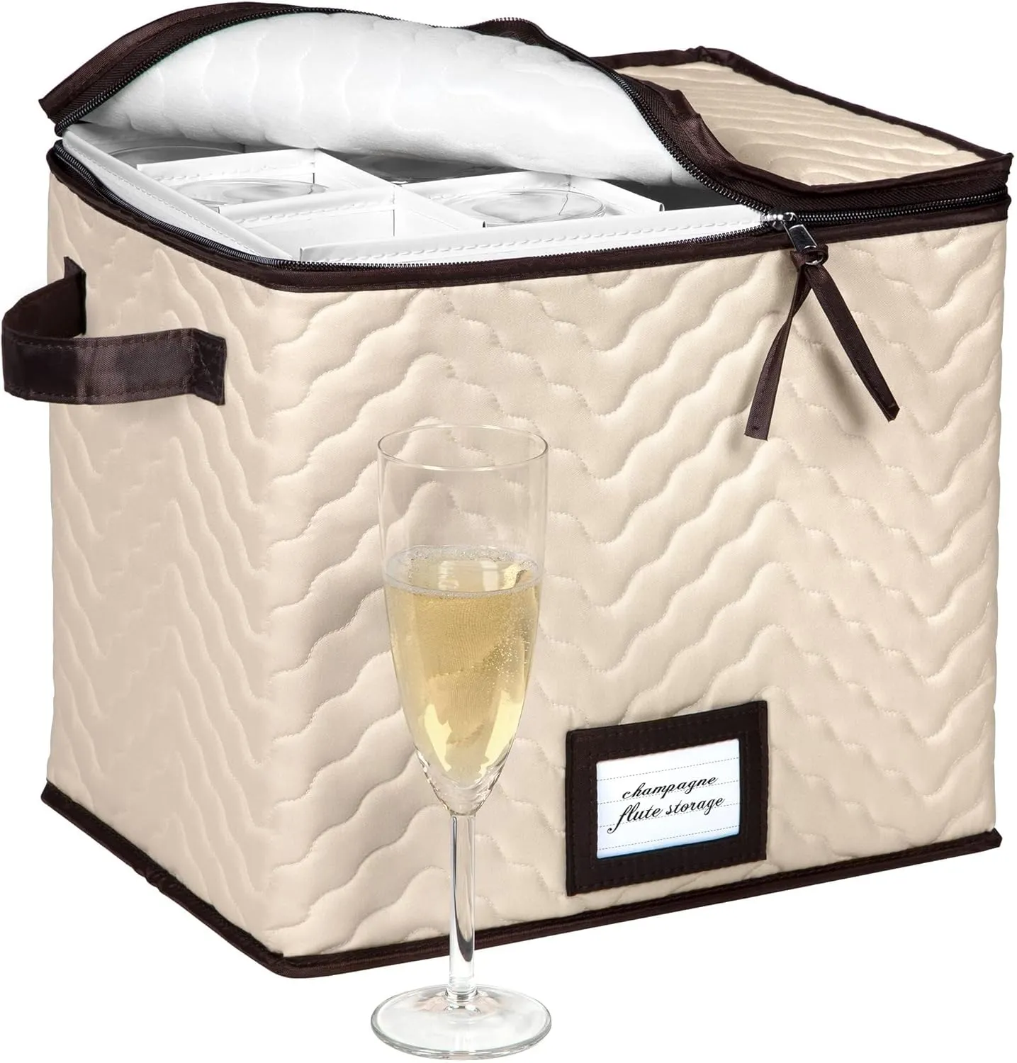 Wine Glass Storage Box with Dividers - Holds 12 Champagne Flute Glass up to 3" Wide - Stemware Storage Case - Protects Fine China - Durable Quilted Microfiber Bin with Carry Handles
