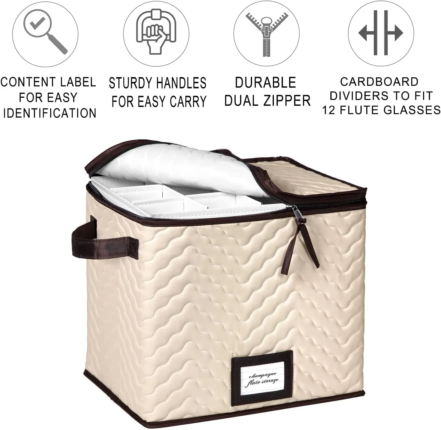 Wine Glass Storage Box with Dividers - Holds 12 Champagne Flute Glass up to 3" Wide - Stemware Storage Case - Protects Fine China - Durable Quilted Microfiber Bin with Carry Handles
