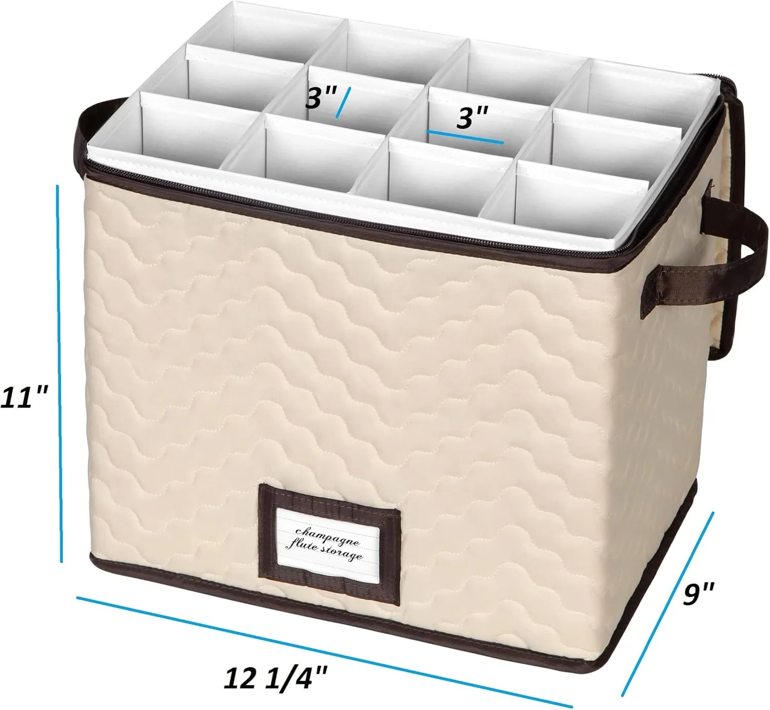 Wine Glass Storage Box with Dividers - Holds 12 Champagne Flute Glass up to 3" Wide - Stemware Storage Case - Protects Fine China - Durable Quilted Microfiber Bin with Carry Handles