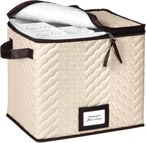 Wine Glass Storage Box with Dividers - Holds 12 Champagne Flute Glass up to 3" Wide - Stemware Storage Case - Protects Fine China - Durable Quilted Microfiber Bin with Carry Handles