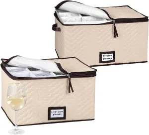 Wine Glass Storage with Dividers - (Pack of 2 Sizes) Each Holds 12 Standard Size Glasses up to 10" H - Stemware Storage Case, Protects Fine China, Quilted Microfiber Bin and Carry Handles