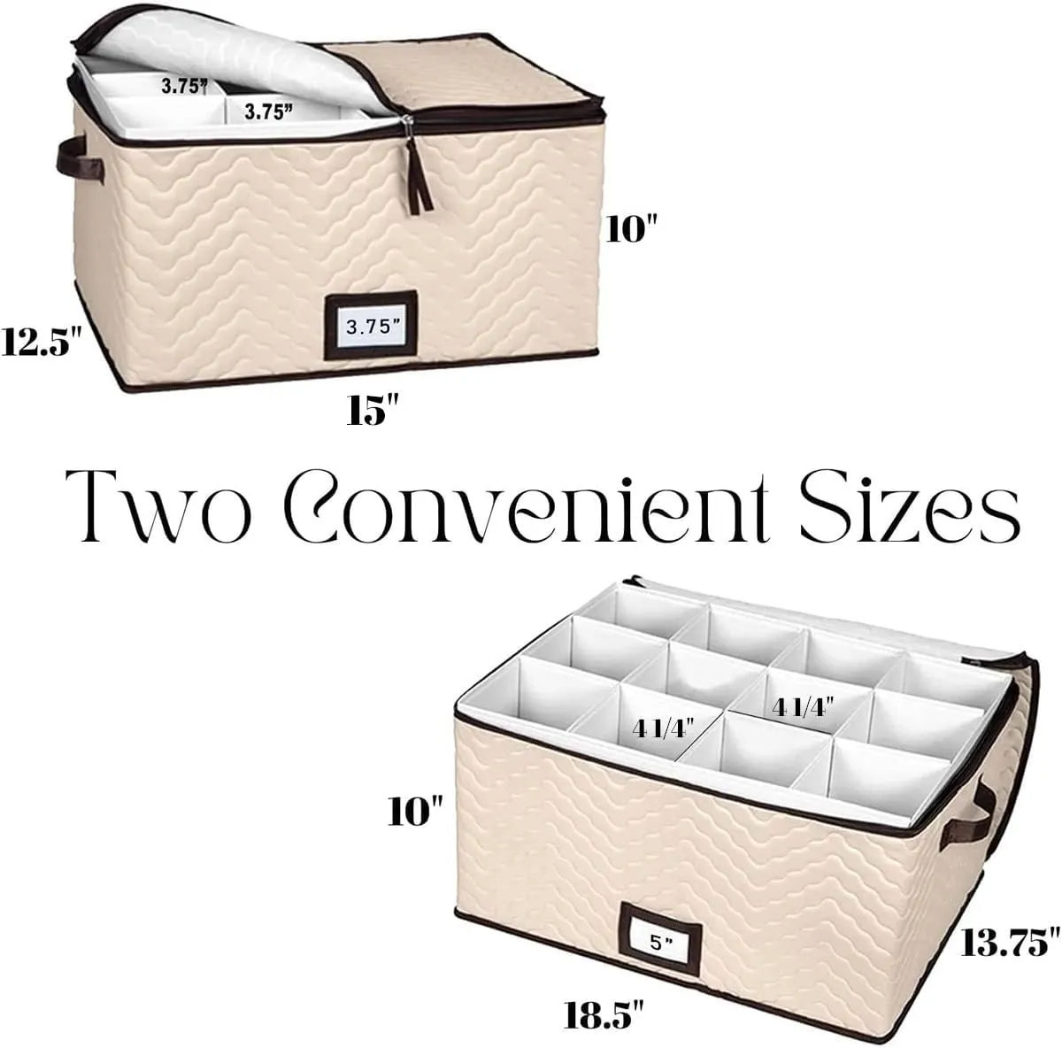 Wine Glass Storage with Dividers - (Pack of 2 Sizes) Each Holds 12 Standard Size Glasses up to 10" H - Stemware Storage Case, Protects Fine China, Quilted Microfiber Bin and Carry Handles
