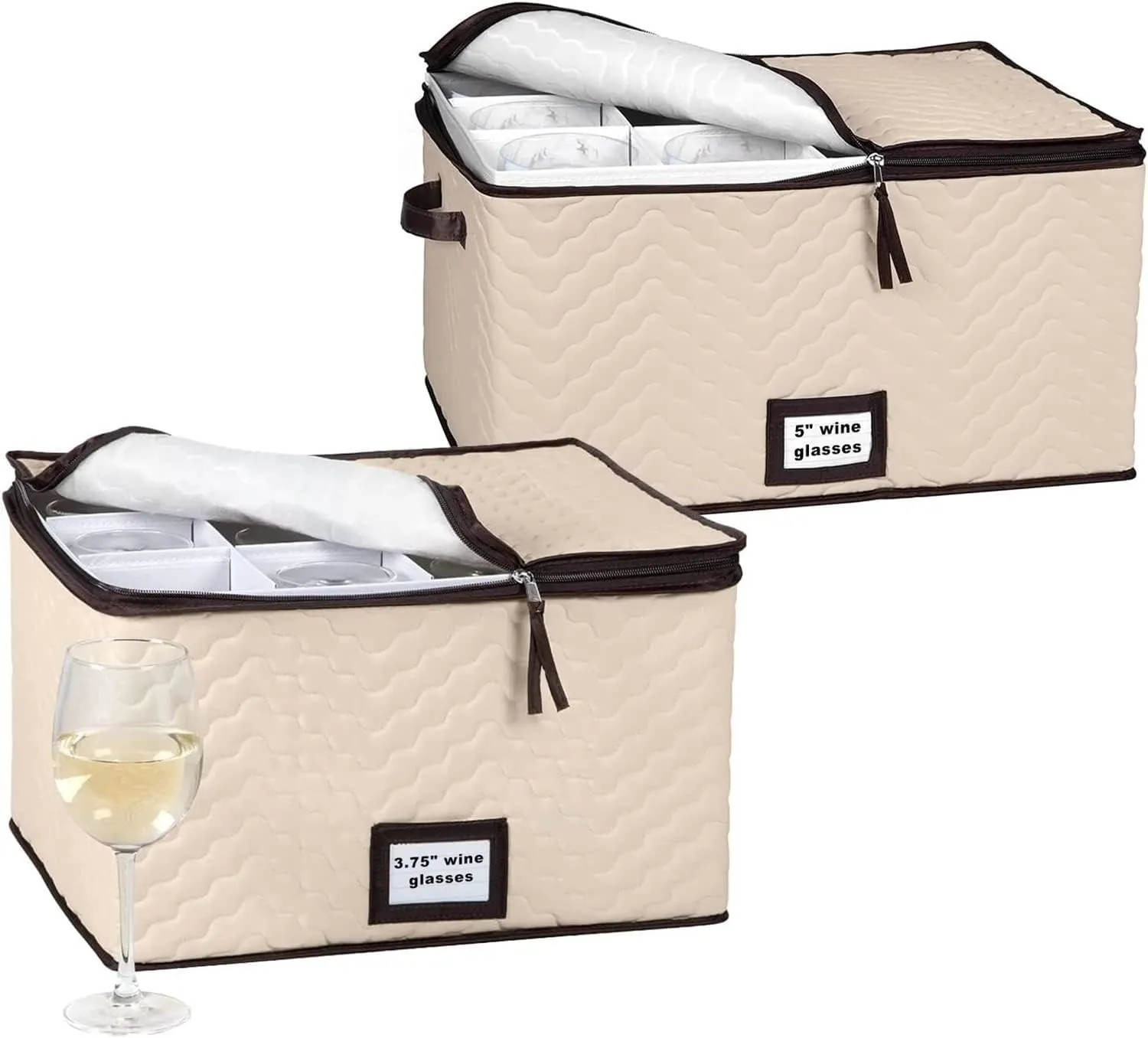Wine Glass Storage with Dividers - (Pack of 2 Sizes) Each Holds 12 Standard Size Glasses up to 10" H - Stemware Storage Case, Protects Fine China, Quilted Microfiber Bin and Carry Handles